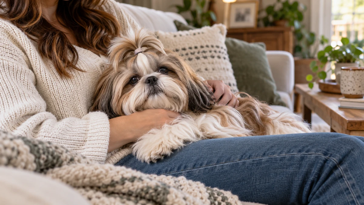 Shih Tzu köpek — sahibinin kucağında