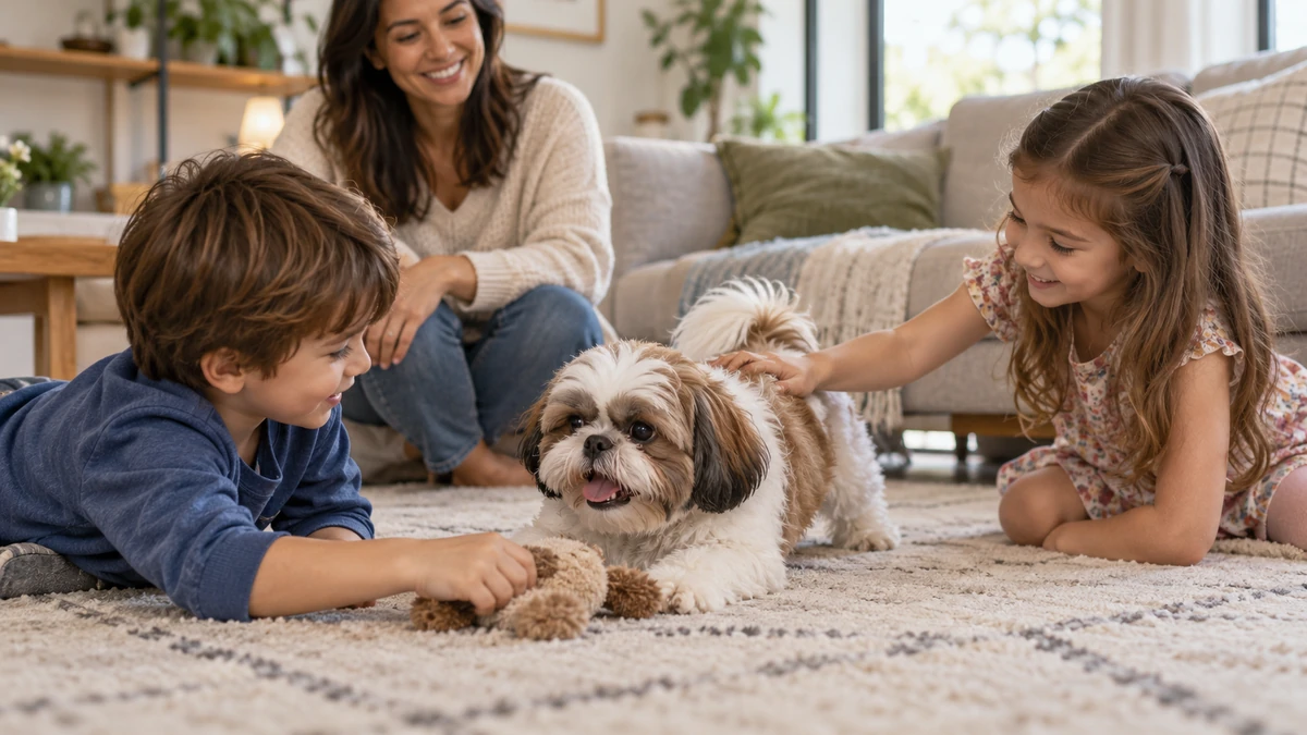Shih Tzu köpek — çocuklarla oyun