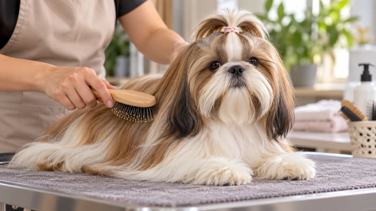 Shih Tzu yavru köpek — tüy bakımı ve fırçalama