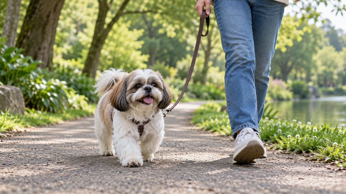 Shih Tzu köpek — parkta yürüyüş ve egzersiz